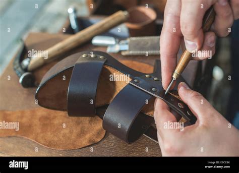 Making Shoes Manual Leather Sandals Stock Photo Alamy