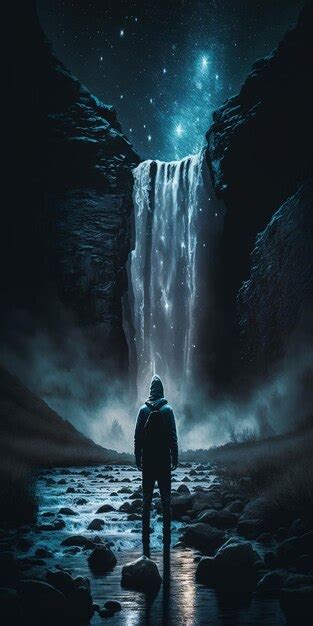 Premium Photo Nighttime Portrait Of A Person In Front Of A Waterfall