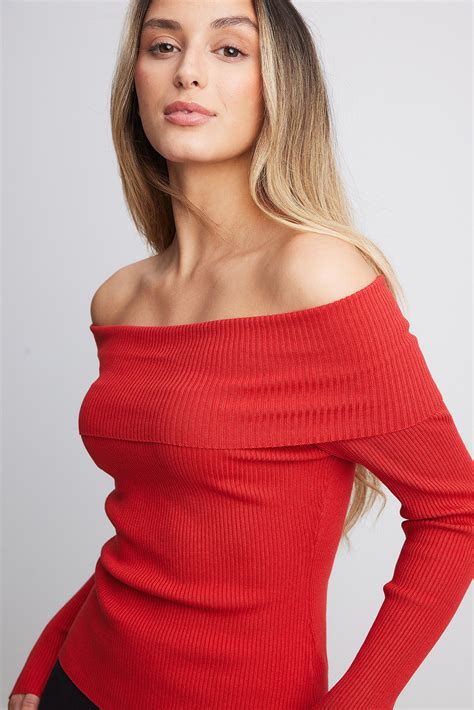 Folded Offshoulder Knitted Top Red Na Kd