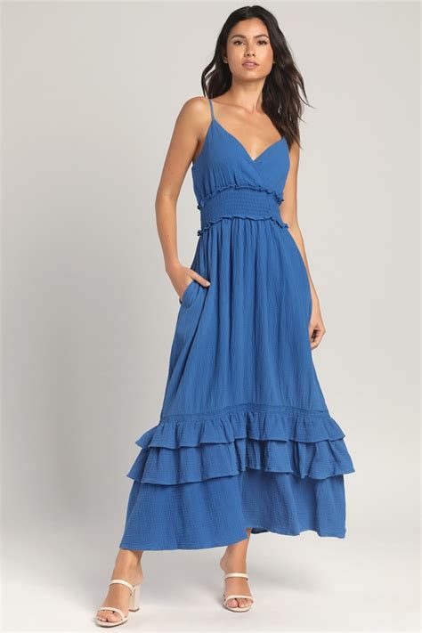 Blue Sleeveless Dress Tiered Maxi Dress Gauzy Maxi Dress Lulus