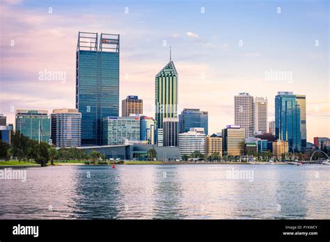 Sunset Over Perth City Skyline With Views Across The Swan River Perth