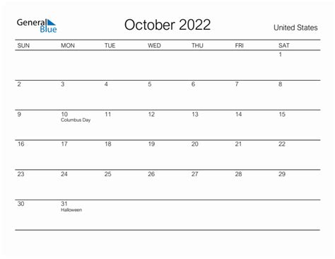 Printable October 2022 Monthly Calendar With Holidays For United States