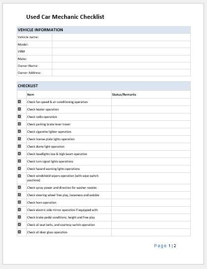 Used Car Mechanic Inspection Checklist Word And Excel Templates