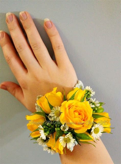 Yellow Spray Rose And White Aster Wrist Corsage With Rhinestone Accents
