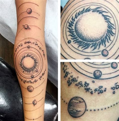 Different techniques yet the same set of models, one sun, 9 planets, and a whole lot of moons and space rocks. 40 Solar System Tattoo Designs For Men - Astronomy Ink