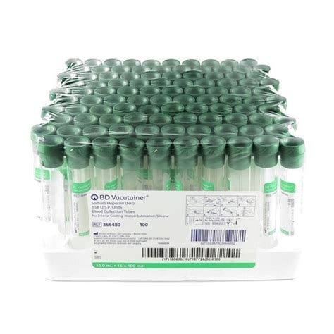 Blood Collection Tube Green With Heprin 16 X 100mm 10ml Glass