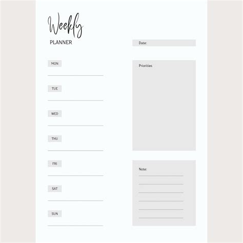 Basic Weekly Planner Insert Single Page Digital Planning