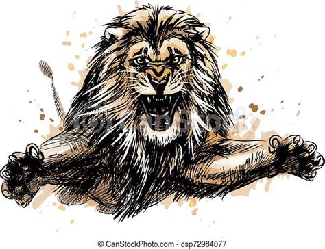Portrait Of A Jumping Lion From A Splash Of Watercolor Hand Drawn
