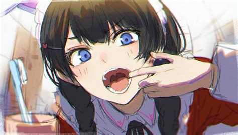 Isshiki Blue Eyes Open Mouth Tongues Anime Anime Girls Digital