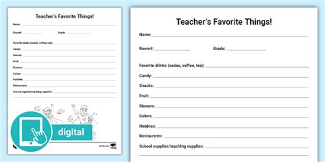 Teacher S Favorites Form Printable Questionnaire K