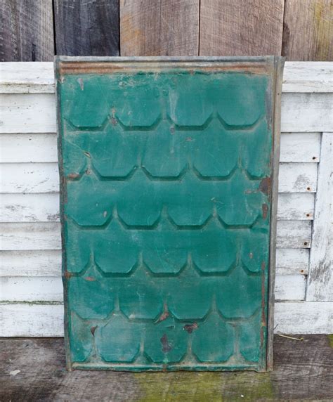 Large Vintage Metal Roof Shingle Embossed Painted Scalloped Panel Tin