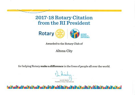 Presidential Citation Certificate Rotary Club Of Altona City