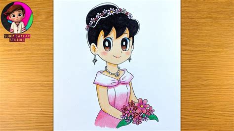 How To Draw Shizuka In A Beautiful Dress From Doraemon Step By Step