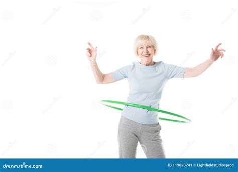 Smiling Senior Sportswoman Doing Hula Hoop Exercise Stock Image Image