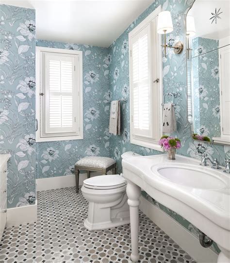 Beautiful Powder Room Design With Blue Floral Wallpaper Duet Design