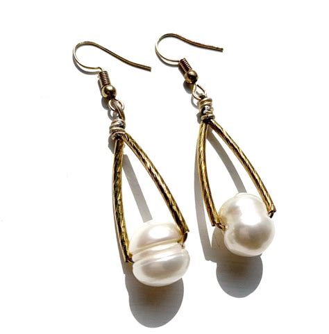 Large Pearl Earrings Pearl Dangle Earrings Gold Tube Bead Etsy