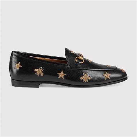 Gucci Women Shoes Jordaan Embroidered Leather Loafer 10mm Heel Black