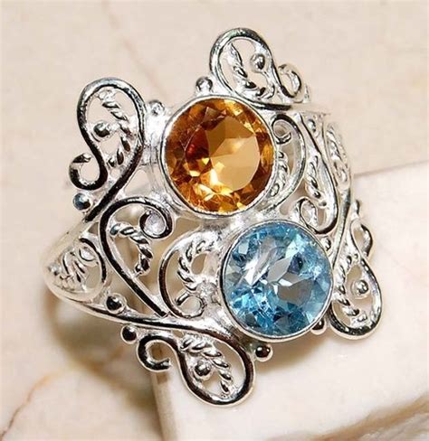 4ct Aquamarine Citrine Ring Citrine Ring Silver Art Filigree Ring