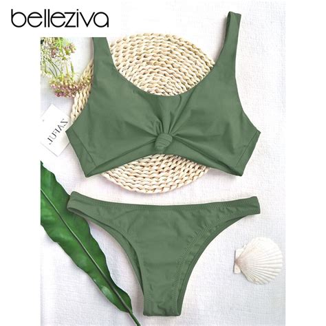 Belleziva Scoop Knotted High Cut Bathing Suit Sexy Women Bikini Set