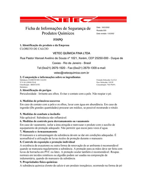 fispq cloreto de calcio ficha de informações de segurança de produtos químicos fispq data 18