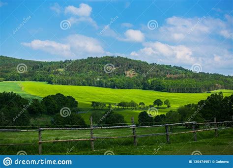 View Of Scenic Farmland Rural Countryside On A Sunny Spring Day Stock
