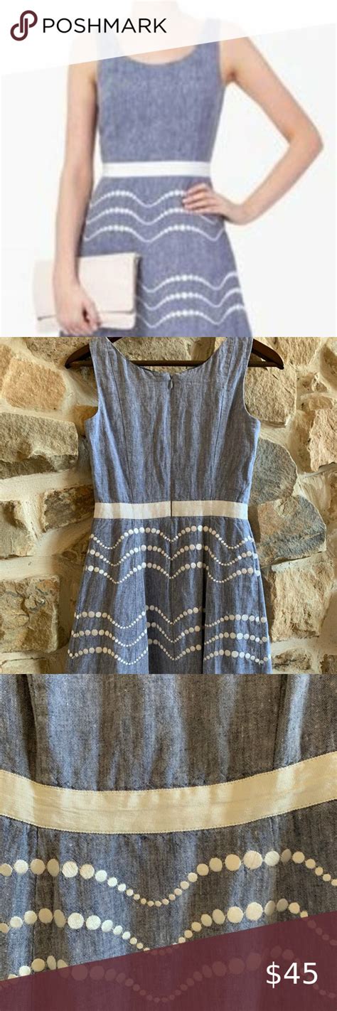 Boden Chambray Linen Embroidered Wave Dot Dress 2r Dot Dress