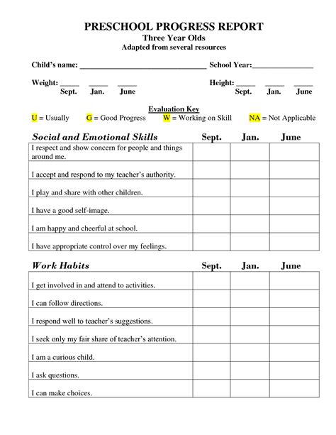 Preschool Progress Report Template Childcare Preschool Daily Free