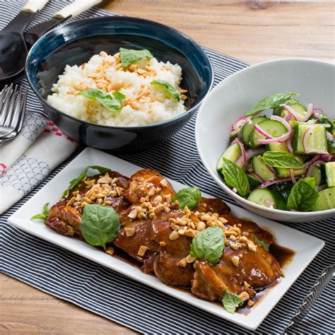 Hoisin Glazed Chicken Thighs With Sticky Rice And Marinated Cucumber