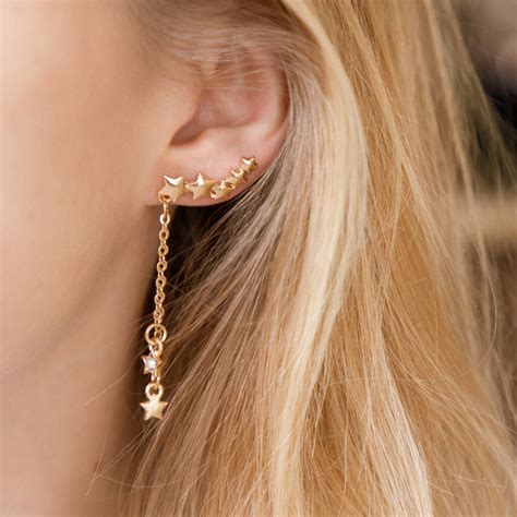 Gold Colour Five Star Chain Drop Earrings By Brand X