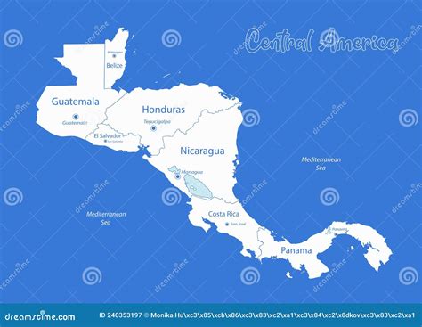Central America Map Separate States Whit Names Blue Background Stock