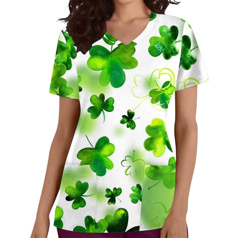 Hfyihgf Womens St Patrick S Day Irish Clovers Print Scrub Top With Pockets Short Sleeve V Neck
