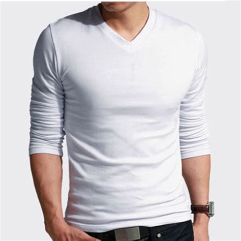 100 Cotton Mens Basic Tees Long Sleeve T Shirt Crew V Neck Casual