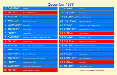 December 1877 Roman Catholic Saints Calendar