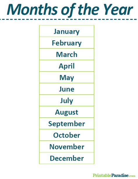 Printable List Of The Months Of The Year Months In A Year List Of