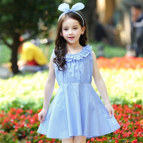 Princess Dresses Cute Girls Fashion Clothes Party Wear Ruffle Collar Blue Stripes Dresses