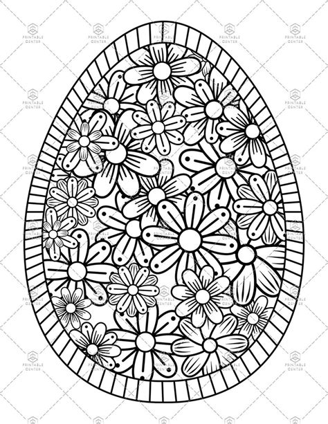 Easter Egg Coloring Page With Flowers Etsy