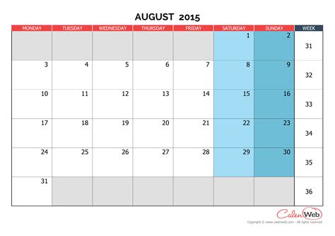 Monthly Calendar Month Of August 2015 The Week Starts On Monday