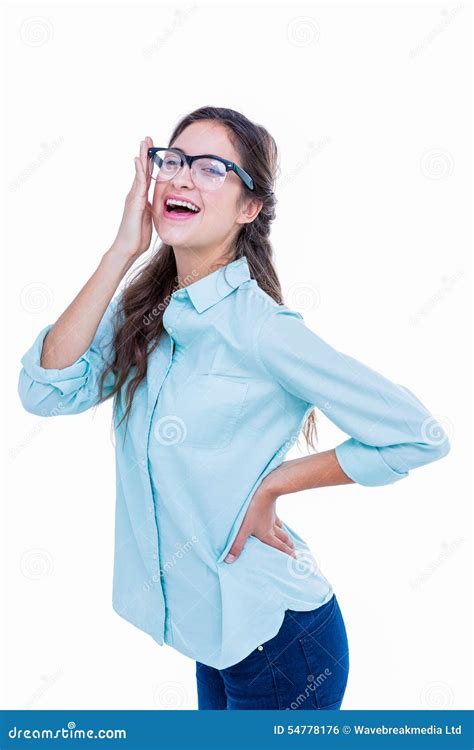 Pretty Geeky Hipster Bending With One Hand On Head Stock Photo Image