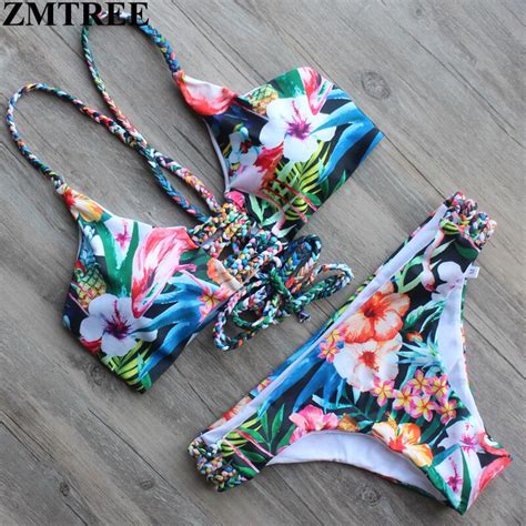 Zmtree Brand 2017 Newest Floral Printed Bandage Swimwear Women Bikini
