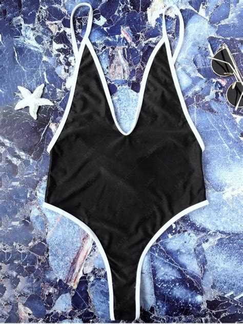17 Off 2021 Contrast Piping High Leg One Piece Swimsuit In Black Zaful