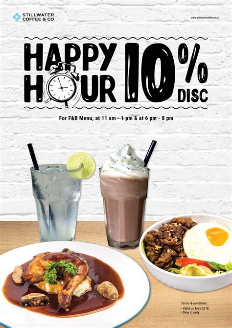 happy hour promo 10 discount poster ad for stillwater coffee and co makanan resep minuman
