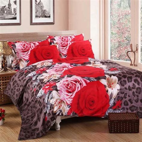 Hot Sale Romantic 3D Plant Red Rose Bedding Sets 4pcs Cozy Duvet Cover