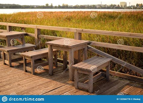 Wooden Tables And Benches On The Lake Stock Photo Image Of Benches