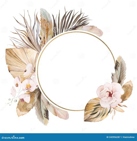 Watercolor Bohemian Frame With Feathers Dried Leaves And Tropical