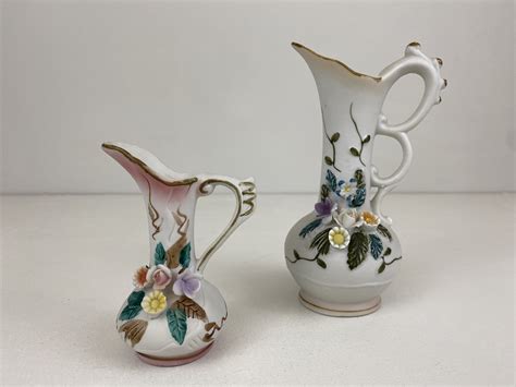 Small White Porcelain Bud Vases Bud Pitchers With Applied Colored Flowers And Leaves Set Of 2
