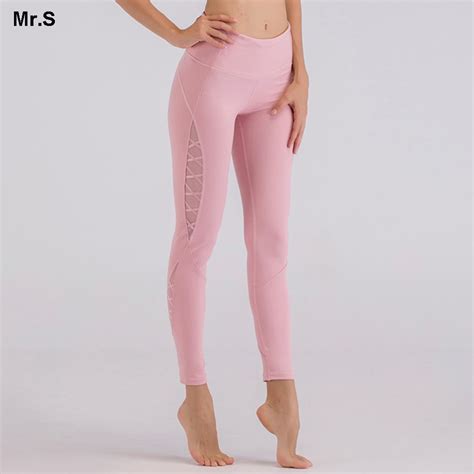 Mesh Panel Side Yoga Pants High Waist Skinny Pink Yoga Leggings Tummy Control Fitness Exercise