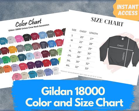 Gildan 18000 Size Chart And Color Chart Gildan Size Chart Etsy