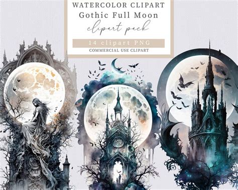 The Watercolor Clipart Gothic Full Moon Graphics Pack Is Available For