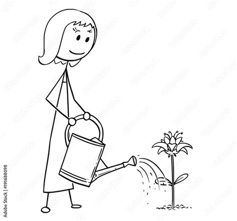 Cartoon Stick Man Drawing Illustration Of Female Gardener Woman On
