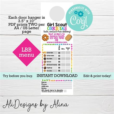Door Hanger For Girl Scout Cookie Sales 2023 Lbb Menu Price Etsy